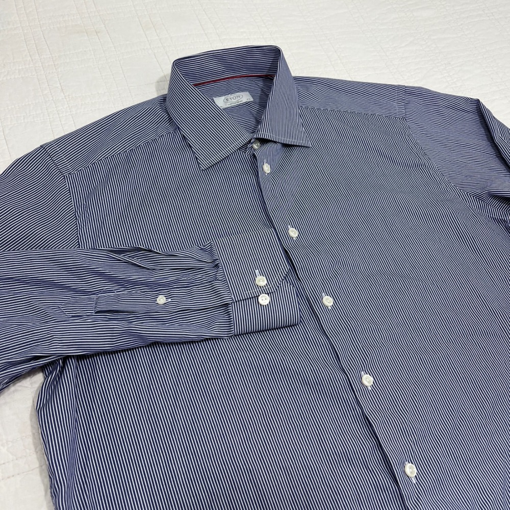 Eton Contemporary Fit Blue White Micro Stripe Cotton Dress Shirt 17.5 44 Mens